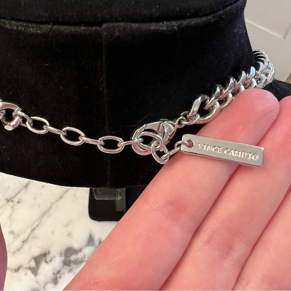 Vince Camuto Silver black leather statement necklace goth punk cyber - Picture 2 of 4